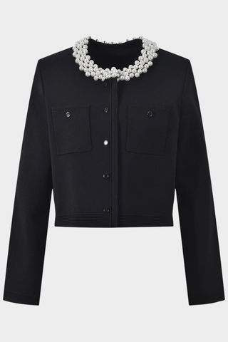 Pearl-Embellished Collar Knit Cardigan – Long Sleeve, Soft Ribbed Material, Cropped Design