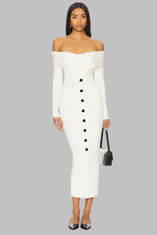 Off-Shoulder Ribbed Knit Mid-Long Dress with Button Front