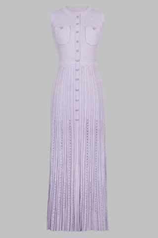 Elegant Sleeveless Textured Knit Long Dress with Button Front and Fitted Waistline