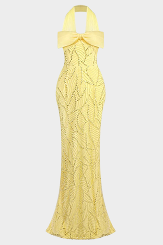 Sleeveless Halter Beaded Yellow Tulle Long Dress – Hand-Embellished Sequins & Pearls, Floor-Length Design