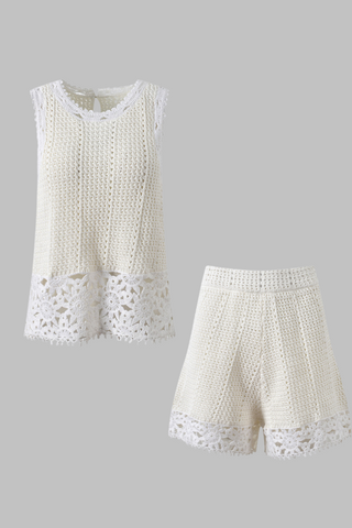 Ivory Crochet Lace Hem Sleeveless Top & High-Waist Shorts Set
