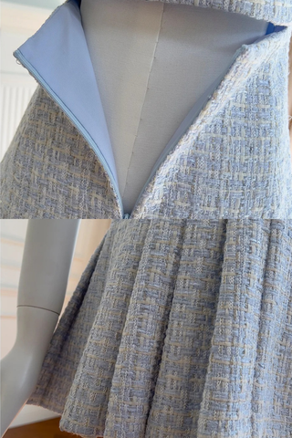 Structured Tweed Mini Dress – Short Sleeve, Pleated Skirt & Jewel Button Detail