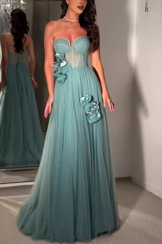 Aqua Tulle Strapless Corse Long Dress with Flower Appliqués and Lace-Up Back