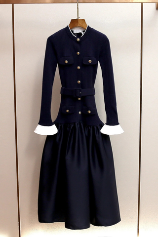 Long-Sleeve Knit Top With Belted Waist & Satin Maxi Skirt Design