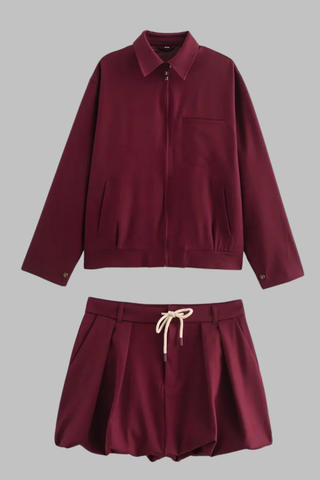 Burgundy Oversized Jacket and Bubble Skirt Set