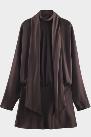 Satin High-Neck Mini Dress with Scarf Tie & Long Sleeves