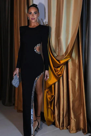Long Sleeve Black Long Dress with Sequin Cutout Detailing and High Slit