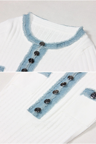 Short Sleeves Denim-Trimmed Knitted Long Dress