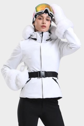 Tailored Ski Jacket with Belted Waist, Fur Details, and Long-Sleeve Design