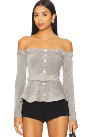 Elegant Velvet Off-Shoulder Top with Rhinestone Neckline and Belt