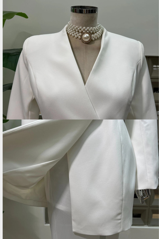 Long-Sleeve Structured Crepe Blazer & Pleated Mesh Skirt Set – Tailored Design