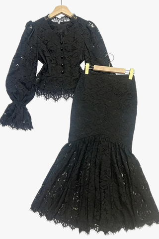 Elegant Lace Set – Long Sleeve Top with Flowy Midi Skirt