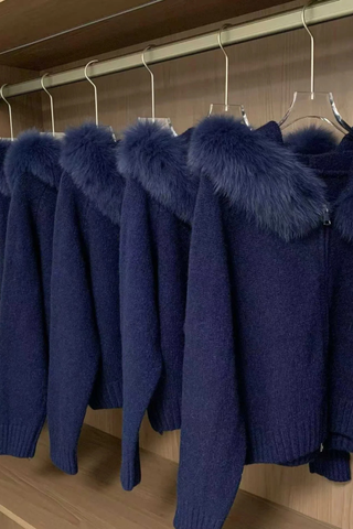 Knitted Hooded Zip Jacket with Faux Fur Trim