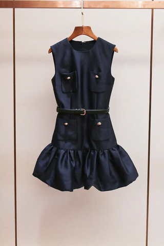 Sleeveless Mini Dress with Ruffle Hem – Satin Fabric & Pocket Detail