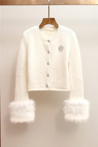 Chic Pearl-Button Fur Cuff Knit Cardigan