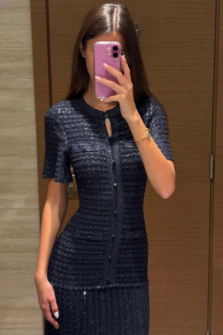 Textured Knit Long Dress – Short Sleeve Button Front Design