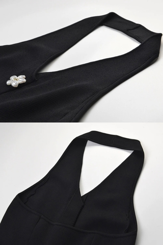 Pearl Floral Button Halter Long Dress