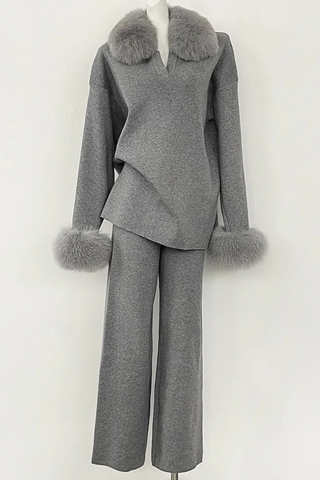 Faux Fur Trim Knit Two-Piece Set – Long Sleeve Top & Wide-Leg Pants