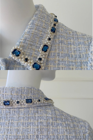 Structured Tweed Mini Dress – Short Sleeve, Pleated Skirt & Jewel Button Detail