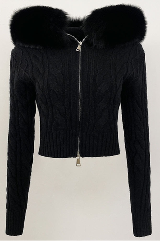 Soft Cable Knit Jacket with Statement Fur Collar
