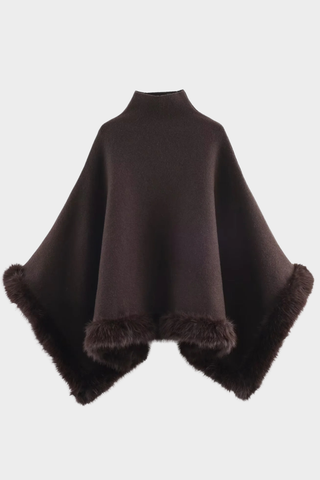 Premium Fur-Trim Cape Poncho with Relaxed Draped Cut