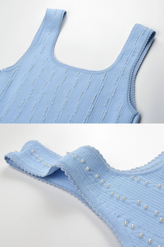 Pearl-Embellished Sculpted Knit Mini Dress with Flared Fit