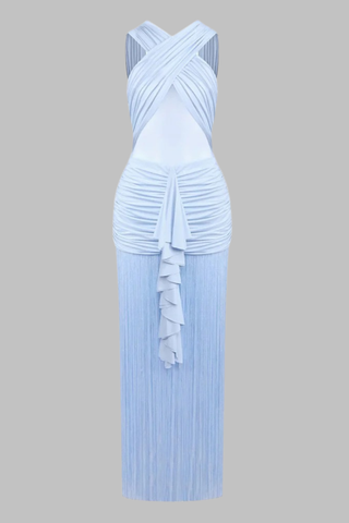 Sleeveless Ruched Mesh Long Dress with Fringed Hem and Crisscross Draping