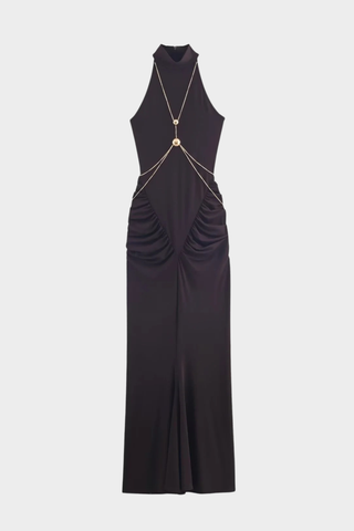 Elegant High Neck Cut-Out Long Dress with Draped Waist & Chain Accents