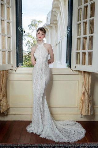 Halter Neck Lace Mermaid Long Dress  – Backless Sheer Dress with Lace-Up Detail and Train