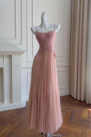 Romantic Blush Lace-Up Corset Maxi Dress with Sweetheart Neckline & Flowing Pleated Skirt