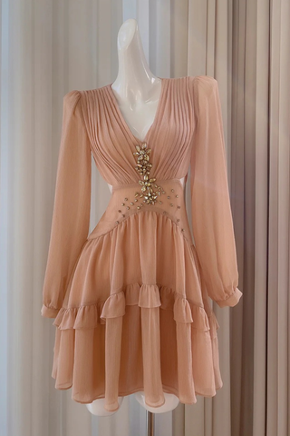 Pleated Chiffon Mini Dress with Long Sleeves and Crystal Embellished Waist