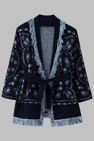 Boho Fringe Knit Cardigan – Jacquard Pattern, Long-Sleeve, Belted Design