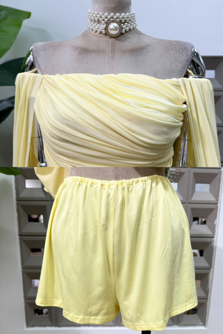 Romantic Draped Off-Shoulder Mini Dress with Sheer Sleeves & Sculpted Fit