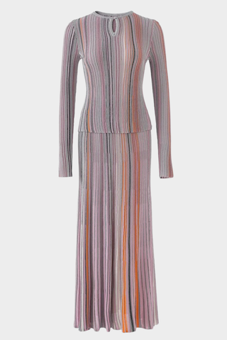 Rib Knit Long-Sleeve Top Paired with Long Skirt Set