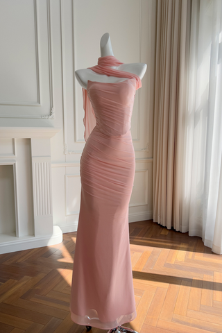 Dusty Rose Draped Mesh Strapless Set with Convertible Scarf & Fishtail Maxi Skirt