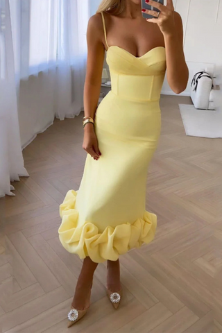 Yellow Sweetheart Neck Bandage Midi Dress with Ruffle Fishtail Hem