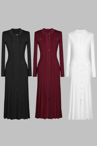 Long Sleeve Knitted Midi-Long Button Dress with Pocket Detail