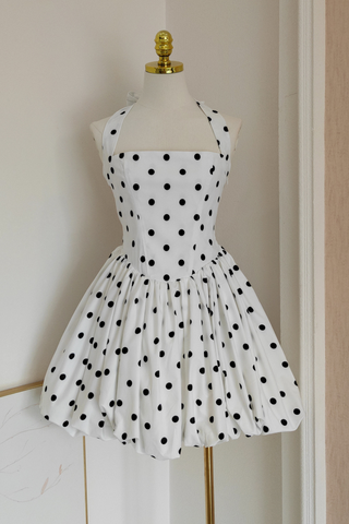Vintage Polka Dot Puffball Mini Dress  Halter Neck Tie-Back &  Built-In Underskirt