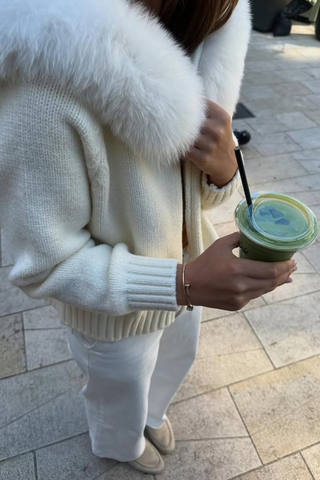 Faux Fur Trimmed Knitted Hooded Cardigan