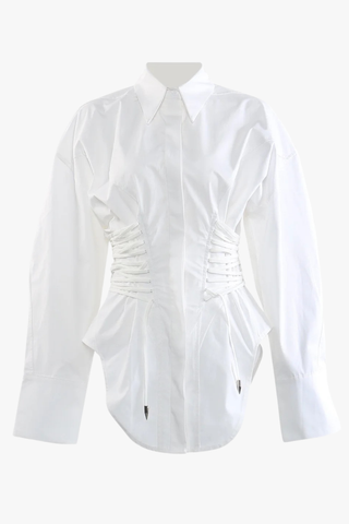Long Sleeve Corset Waist Button-Up Shirt Dress with Lace-Up Back