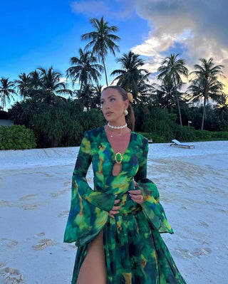 Jenifer Long Sleeve Backless Chiffon Green Floral Long Dress