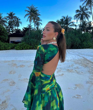 Jenifer Long Sleeve Backless Chiffon Green Floral Long Dress