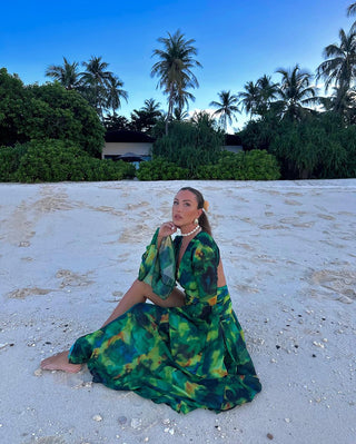 Jenifer Long Sleeve Backless Chiffon Green Floral Long Dress