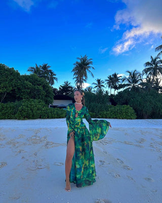 Jenifer Long Sleeve Backless Chiffon Green Floral Long Dress