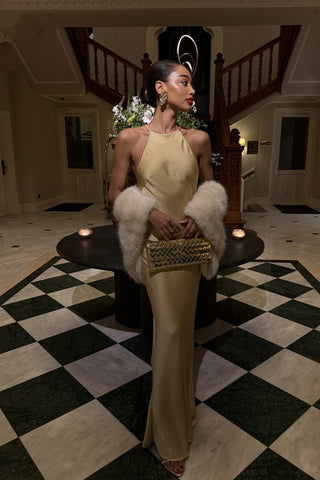 Satin Halter Long Dress with Crystal Open Back Detail