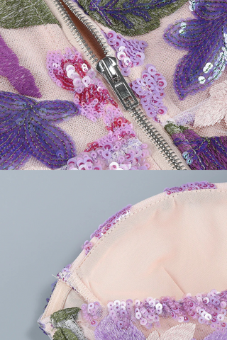Strapless Lavender Floral Embroidery Sequin Long Dress