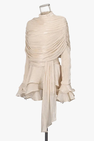 Draped Sheer Layered Dress with High Neck and Flared Cuffs