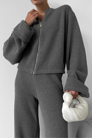 Ribbed Long Sleeve Zip Jacket & Relaxed Pants Co-Ord Set