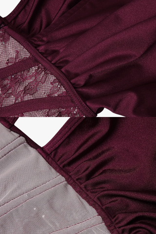 High-Neck Long Sleeve Corset Dress with Lace Panel & Ruched Skirt