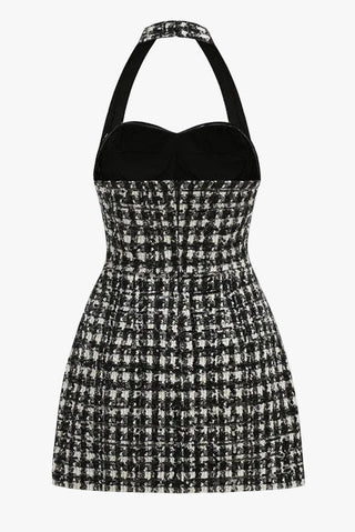 Tweed Halter Neck Button Mini Dress